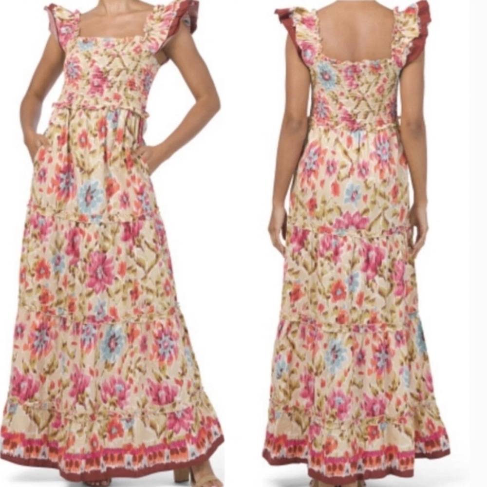 House Of Harlow Dress Maxi Zoey Khaki Floral Print Smocked‎ Size Large